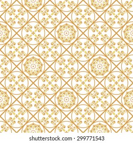 A gold seamless pattern for the card or invitation with Islam, Arabic, Indian or ottoman motifs. Vector illustration.