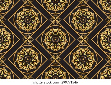 A gold seamless pattern for the card or invitation with Islam, Arabic, Indian or ottoman motifs. Vector illustration.