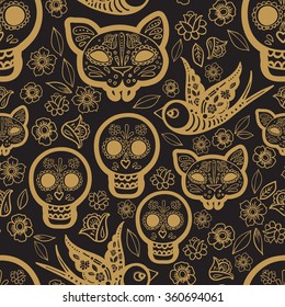 Gold seamless pattern Day of the Dead, a traditional holiday in Mexico. Skulls.