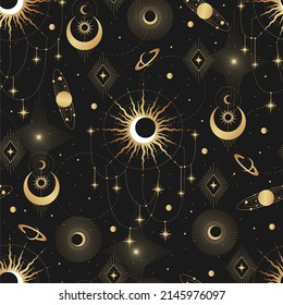 Gold Seamless Pattern With Esoteric Mystical Elements. Trendy Background For Design Of Fabric, Package, Astrology, Yoga Mat, Phone Case.