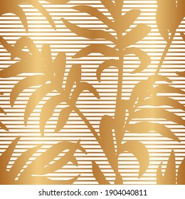 Gold seamless pattern. Exotic palm leaves. Abstract jungle background. Summer tropic elegant prints. Repeated golden leaf pattern. Modern texture. Trendy design. Repeating tropical backdrop. Vector