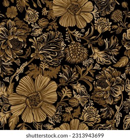 Gold seamless pattern. Gold flowers on a black background. 