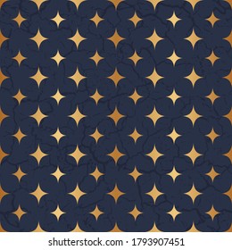 Gold nahtloses Muster. Glitzere goldene Sterne. Marmor-Struktur. Eleganter, funkelnder Hintergrund. Schönes Design für Tapete, Wickelpapier, Geschenkverpackung, Verpackung, Interieur, Textilien, Drucke. Vektorgrafik