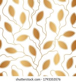 Gold seamless pattern. Laser cutting. Abstract geometric background. Golden leaves. Elegant design for design prints, covers, cases, gift wrappers, curtains, textiles, interior. Floral leaf. Vector