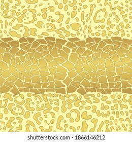 Gold seamless pattern of leopard and giraffe spots. Fashion print in vector, yellow background, fabric, packaging, wallpaper