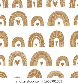 Gold seamless pattern with magic rainbows, stars and clouds. Can be used in textile industry, paper, background, scrapbooking.

