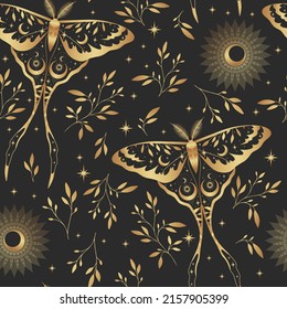 Gold seamless pattern with moon moth and stars. Contemporary composition. Trendy texture for print, textile, packaging.