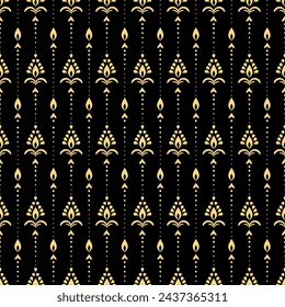 Gold seamless pattern on a black background. Luxury vector background in indian style. Great for wallpaper, textile, decoration. Royal damask backdrop.