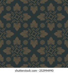 Gold seamless pattern on dark green background with floral elements. Design for wallpaper and fabric. Editable vector file.