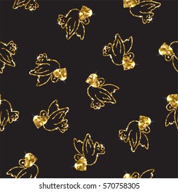 Gold seamless pattern with pigeon. Dove and hearts. Glittering background.