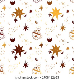 Gold seamless pattern with sleeping stars and a mug of magic drink. A hand-drawn pattern of celestial and magical elements. Vector stock illustration golden on white background.