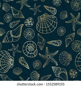 Gold seamless pattern with various shells, clams, starfish and snails, fun under water background, great for ocean themes, beach fabrics, summer textiles or background, wallpapers - vector 