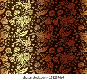 Gold seamless pattern with a vintage flower bouquets carnations and chrysanthemums