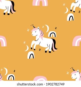 Gold Seamless Repeat Pattern of Unicorn with rainbows and stars. Hand drawn vector girl pattern.