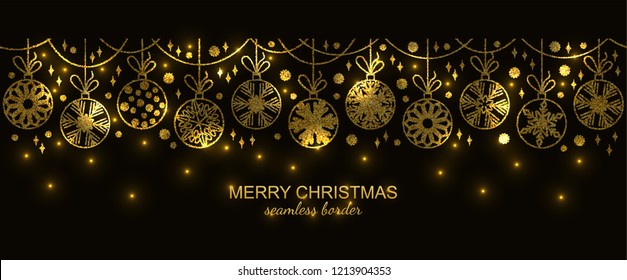 Gold seamless snowflake border isolated on black background, Christmas design. Vector illustration, merry xmas glitter flake header or banner, wallpaper or backdrop decor