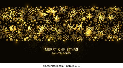 Gold seamless snowflake border isolated on black background, Christmas glitter design for postcard or greeting card. Vector illustration, merry xmas snow flake header or banner, wallpaper or backdrop