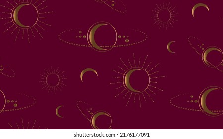 gold Seamless Space Mystical Sacred geometry. Moon, sun, stars, orbits. Crescent Moon magic pagan Wicca goddess symbol. Alchemy, esoteric, occultism. Vector isolated on dark red background