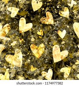 Gold seamless texture with hearts, blots and stylized needles. Abstract vector background for web page, greeting cards, invitations, fabric, home decor, wrapping, valentines days or new years design.