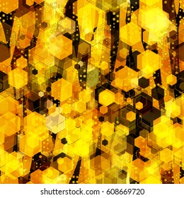 Gold seamless texture with hexagons, sots and spots. Digital techno texture. Abstract vector background, for fabric, wrapping, home decor