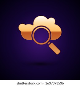 Gold Search cloud computing icon isolated on dark blue background. Magnifying glass and cloud.  Vector Illustration