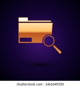 Gold Search concept with folder icon isolated on dark blue background. Magnifying glass and document. Data and information sign.  Vector Illustration
