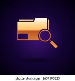 Gold Search concept with folder icon isolated on dark blue background. Magnifying glass and document. Data and information sign.  Vector Illustration