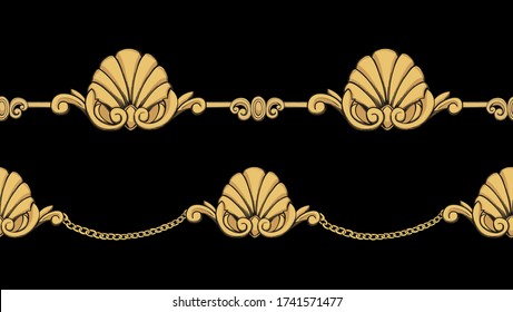 Gold seashell and chains. Baroque elements on a black background. Vector seamless border. 