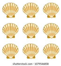 Gold seashell vector graphics, pearl bivalved mollusks illustration. Macro scallop, bivalve pearl shell, marine mollusk isolated wild life-nature background. Minimalist sea shell pattern.