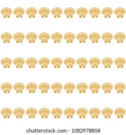 Gold seashell vector graphics, pearl bivalved mollusks illustration. Aquarium scallop, bivalve pearl shell, marine mollusk isolated wild life-nature background. Minimalist sea shell graphic design.
