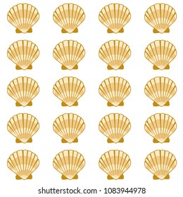 Gold seashell vector graphics, pearl bivalved mollusks illustration. Aquatic scallop, bivalve pearl shell, marine mollusk isolated wild life-nature background. Simple sea shell vector.