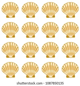 Gold seashell vector graphics, pearl bivalved mollusks illustration. Aquatic scallop, bivalve pearl shell, marine mollusk isolated wild life-nature background. Simple sea shell vector.