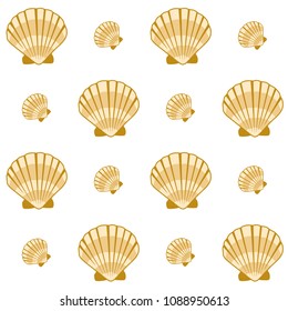 Gold seashell vector graphics, pearl bivalved mollusks illustration. Ocean scallop, bivalve pearl shell, marine mollusk isolated wild life-nature background. Minimalist sea shell pattern.