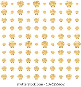 Gold seashell vector graphics, pearl bivalved mollusks illustration. Underwater scallop, bivalve pearl shell, marine mollusk isolated wild life-nature background. Trendy sea shell vector.