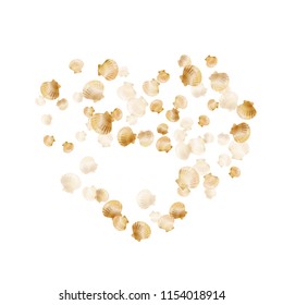 Gold seashells vector, golden pearl bivalved mollusks. Aquarium scallop, bivalve pearl shell, marine mollusk isolated on white wild life nature background. Stylish gold sea shell design.