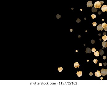 Gold seashells vector, golden pearl bivalved mollusks. Underwater scallop, bivalve pearl shell, marine mollusk isolated on black wild life nature background. Rich gold sea shell illustration.