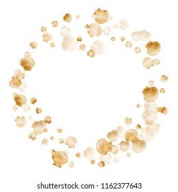 Gold seashells vector, golden pearl bivalved mollusks. Aquarium scallop, bivalve pearl shell, marine mollusk isolated on white wild life nature background. Rich gold sea shell vector.