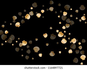 Gold seashells vector, golden pearl bivalved mollusks. Sea scallop, bivalve pearl shell, marine mollusk isolated on black wild life nature background. Cool gold sea shell vector.