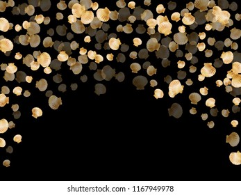 Gold seashells vector, golden pearl bivalved mollusks. Underwater scallop, bivalve pearl shell, marine mollusk isolated on black wild life nature background. Rich gold sea shell vector.