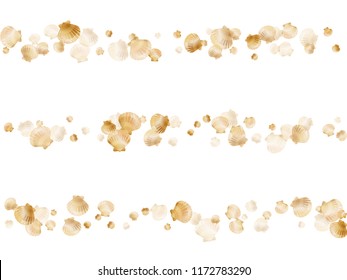 Gold seashells vector, golden pearl bivalved mollusks. Macro scallop, bivalve pearl shell, marine mollusk isolated on white wild life nature background. Rich gold sea shell illustration.