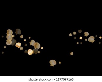 Gold seashells vector, golden pearl bivalved mollusks. Sea scallop, bivalve pearl shell, marine mollusk isolated on black wild life nature background. Chic gold sea shell design.