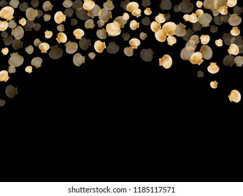 Gold seashells vector, golden pearl bivalved mollusks. Ocean scallop, bivalve pearl shell, marine mollusk isolated on black wild life nature background. Rich gold sea shell design.