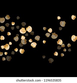 Gold seashells vector, golden pearl bivalved mollusks. Oceanic scallop, bivalve pearl shell, marine mollusk isolated on black wild life nature background. Stylish gold sea shell design.
