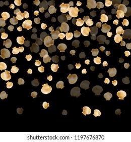 Gold seashells vector, golden pearl bivalved mollusks. Exotic scallop, bivalve pearl shell, marine mollusk isolated on black wild life nature background. Rich gold sea shell graphics.