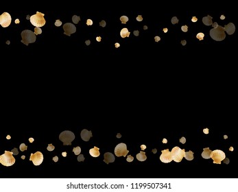 Gold seashells vector, golden pearl bivalved mollusks. Aquarium scallop, bivalve pearl shell, marine mollusk isolated on black wild life nature background. Cool gold sea shell vector.