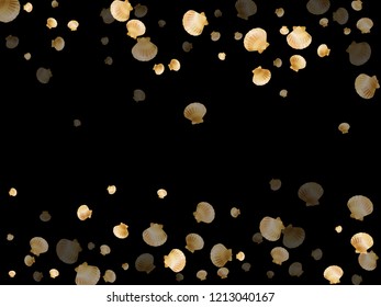 Gold seashells vector, golden pearl bivalved mollusks. Aquarium scallop, bivalve pearl shell, marine mollusk isolated on black wild life nature background. Chic gold sea shell design.