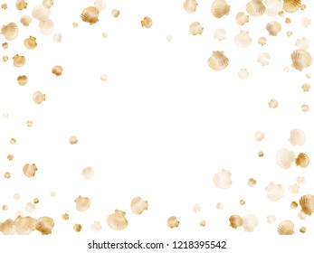 Gold seashells vector, golden pearl bivalved mollusks. Oceanic scallop, bivalve pearl shell, marine mollusk isolated on white wild life nature background. Stylish gold sea shell vector.