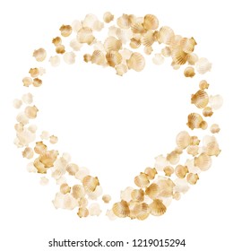 Gold seashells vector, golden pearl bivalved mollusks. Cute scallop, bivalve pearl shell, marine mollusk isolated on white wild life nature background. Cool gold sea shell design.