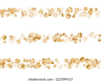 Gold seashells vector, golden pearl bivalved mollusks. Cartoon scallop, bivalve pearl shell, marine mollusk isolated on white wild life nature background. Trendy gold sea shell illustration.