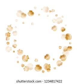 Gold seashells vector, golden pearl bivalved mollusks. Underwater scallop, bivalve pearl shell, marine mollusk isolated on white wild life nature background. Stylish gold sea shell design.