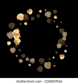 Gold seashells vector, golden pearl bivalved mollusks. Underwater scallop, bivalve pearl shell, marine mollusk isolated on black wild life nature background. Stylish gold sea shell design.